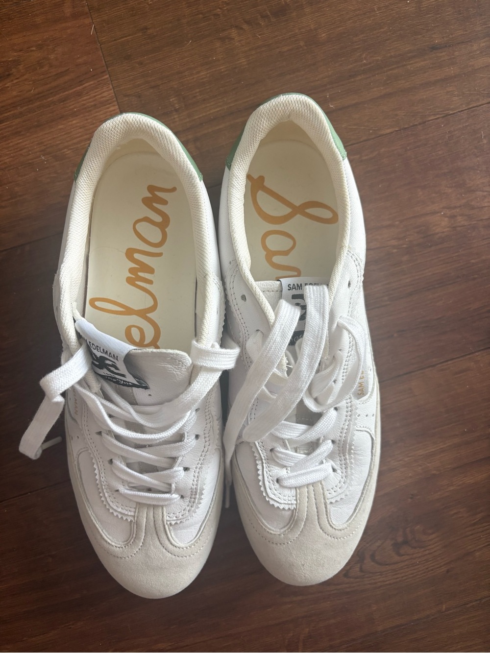 Sam Edelman White Sneakers with Green Heel Accent